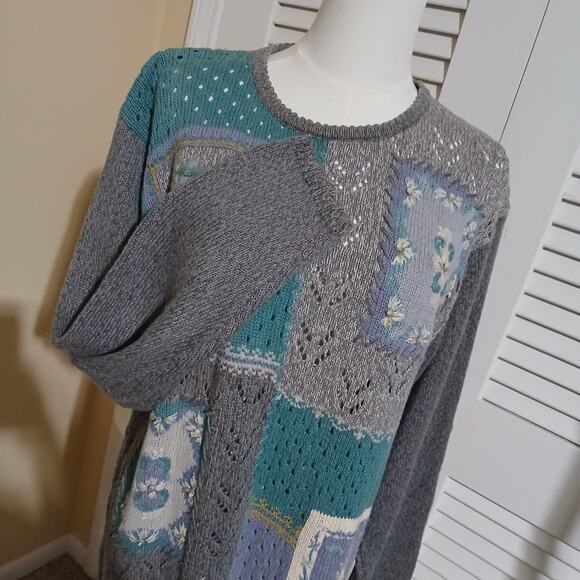 VTG Jantzen Classic Color Block Sweater Embroidered By Hand L/XL Grey/Aqua - Picture 4 of 16